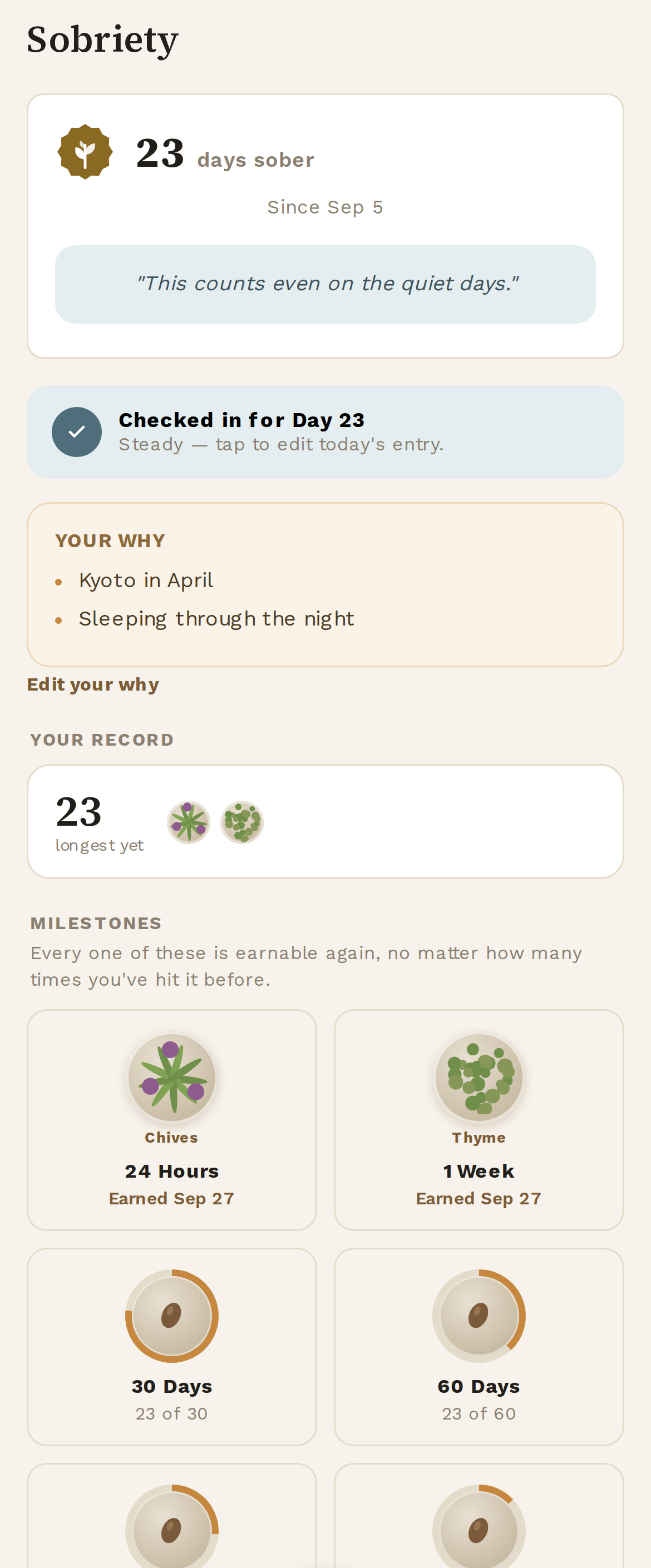 The Sobriety screen in Addley: 23 days sober, the reason you started, and dated milestones below